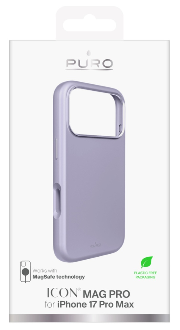 Lawendowe etui na telefon w opakowaniu marki 'PURO'. Tekst na opakowaniu wskazuje, że jest przeznaczone do iPhone'a 17 Pro Max.