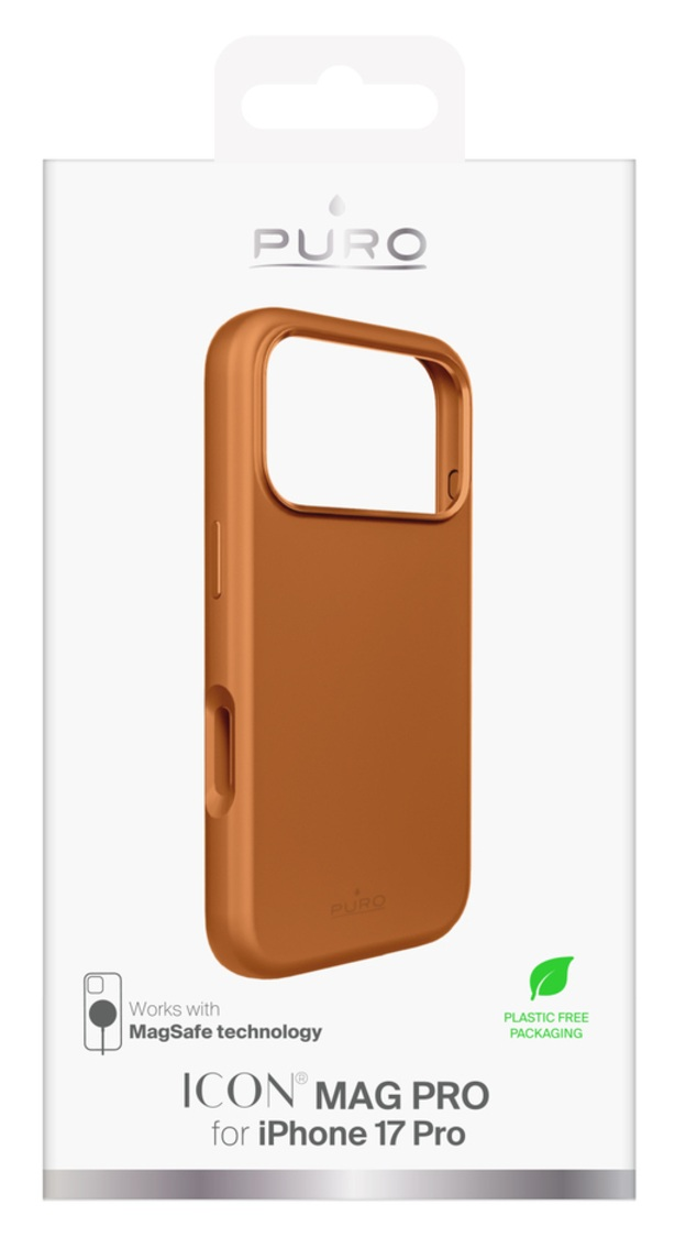 Pomarańczowe etui na telefon w białym pudełku. Pudełko ma logo Puro i napis 'ICON MAG PRO for iPhone 17 Pro'.