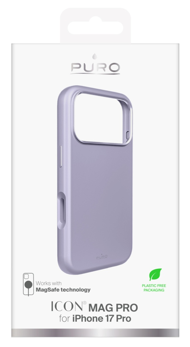 Fioletowe etui na iPhone'a w pudełku. Na pudełku widnieje 'PURO' i 'ICON MAG PRO for iPhone 17 Pro'. Opakowanie mówi 'BEZ PLASTIKU'.