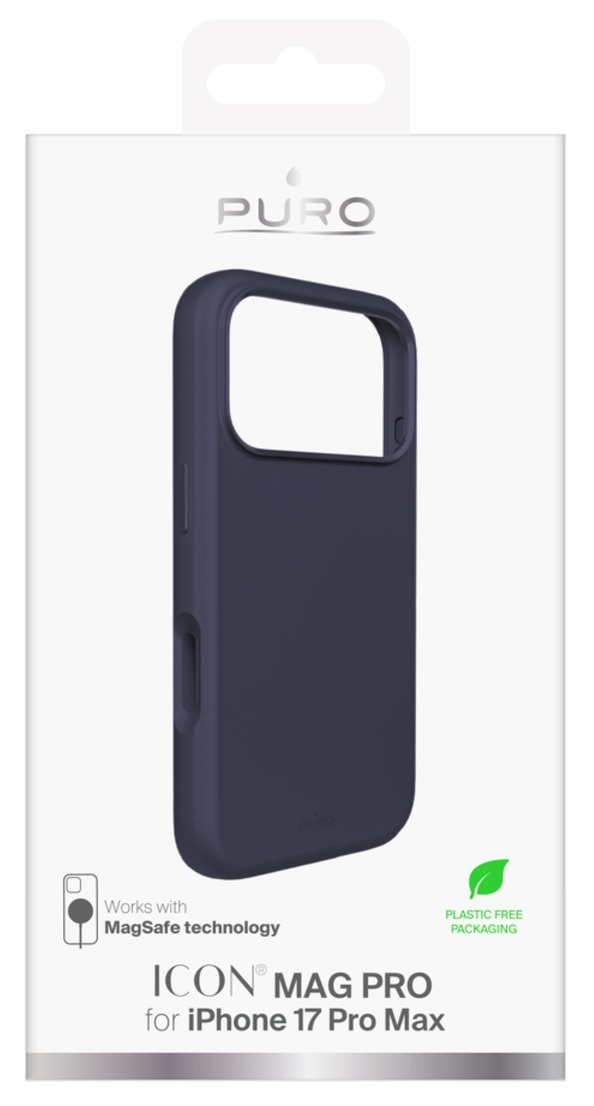 Granatowe etui na telefon w białym pudełku. Na pudełku widnieje nazwa marki 'PURO' i szczegóły produktu, jak 'ICON MAG PRO'.