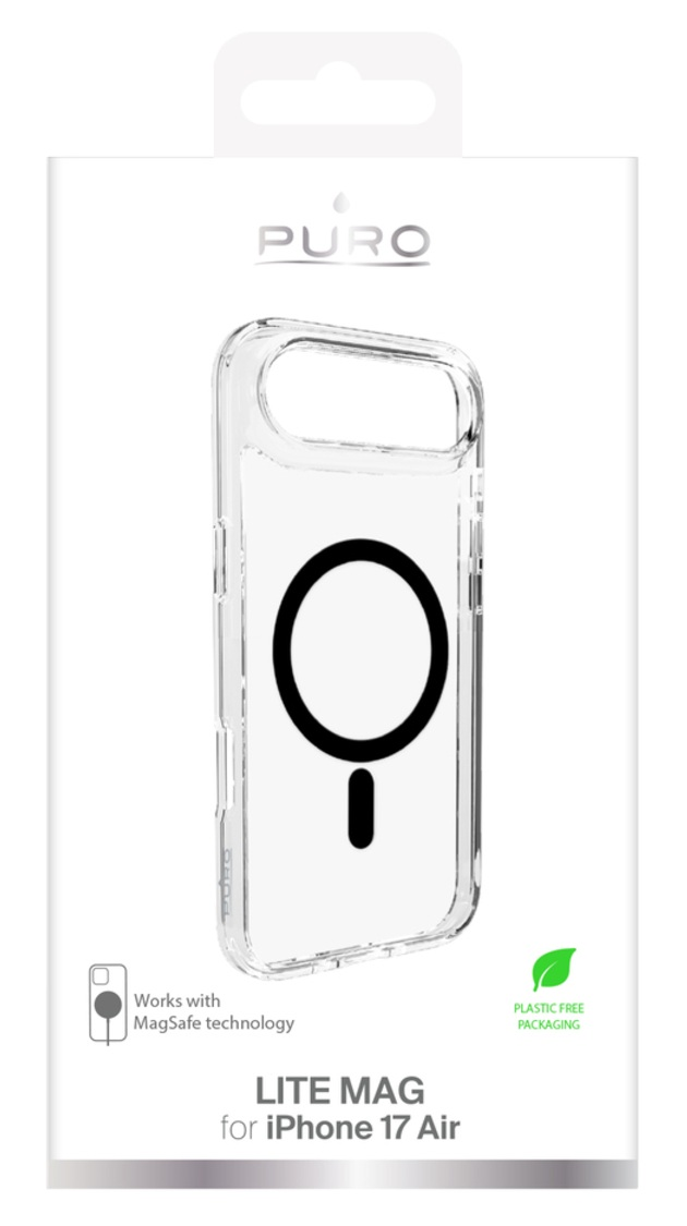 Przezroczyste etui na telefon dla iPhone 17 Air, firmy Puro. Posiada MagSafe i opakowanie wolne od plastiku. Etui ma czarne koło i linię.