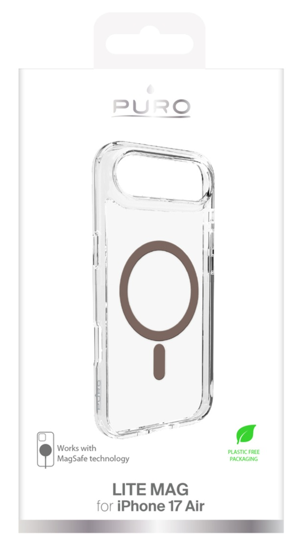 Przezroczyste etui na telefon w opakowaniu. Etui ma brązowe kółko MagSafe. Na opakowaniu napis 'LITE MAG for iPhone 17 Air'.