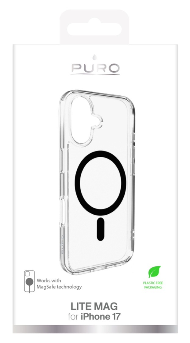 Przezroczyste etui na iPhone 17 z czarnym pierścieniem MagSafe i logo Puro. Białe pudełko z napisem 'Lite Mag' i zielonym liściem 'bez plastiku'.