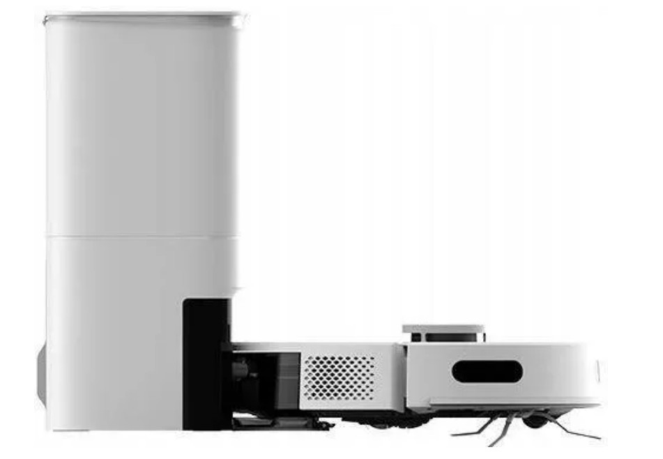 Biały robot odkurzający z wysoką, cylindryczną stacją ładującą. Odkurzacz ma okrągły korpus, szczotki i czarną kratkę.