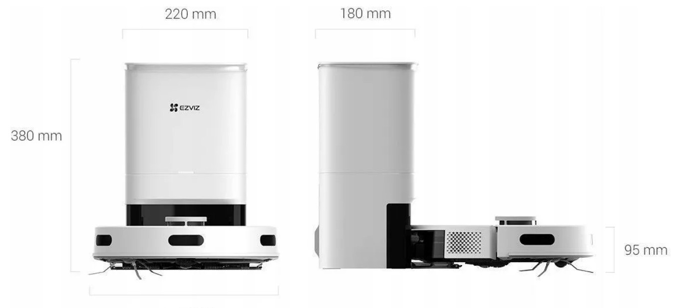 Biały odkurzacz robot EZVIZ i stacja bazowa. Wymiary pokazane, w tym wysokość 380 mm i szerokość 220 mm.