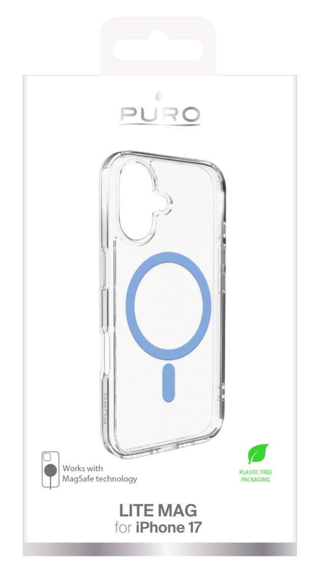 Przezroczyste etui na iPhone'a z niebieskim okręgiem MagSafe i niebieskim prostokątem na białym tle. Opakowanie przedstawia markę PURO.