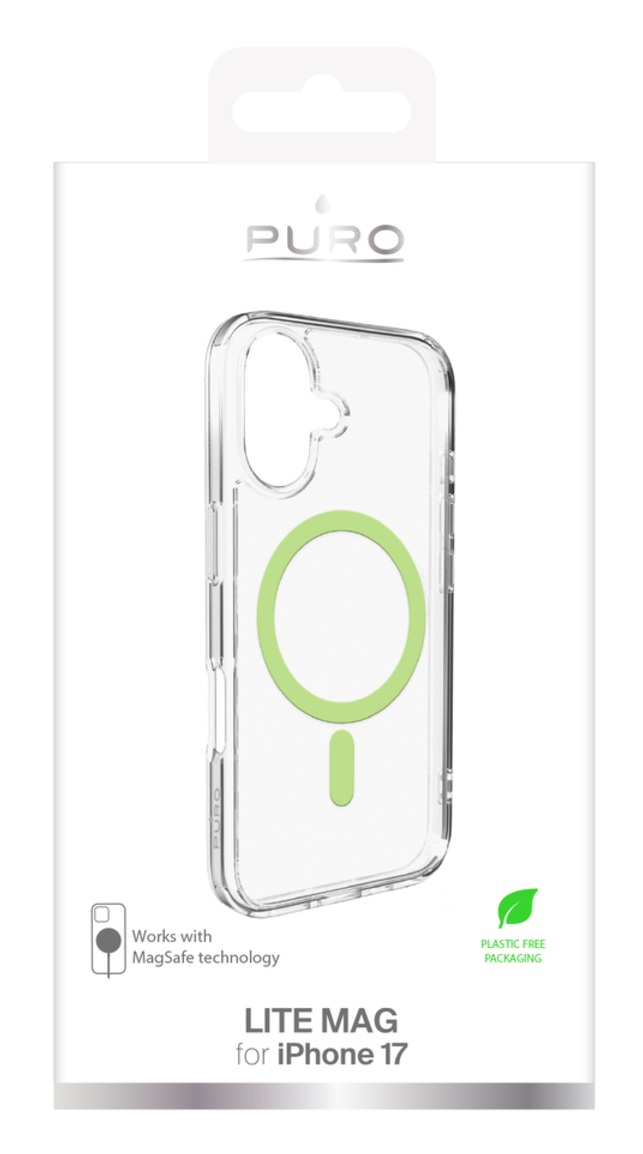 Przezroczyste etui na iPhone 17 w opakowaniu. Etui ma zielone koło i prostokąt. Na opakowaniu napis 'PURO' i 'LITE MAG'.