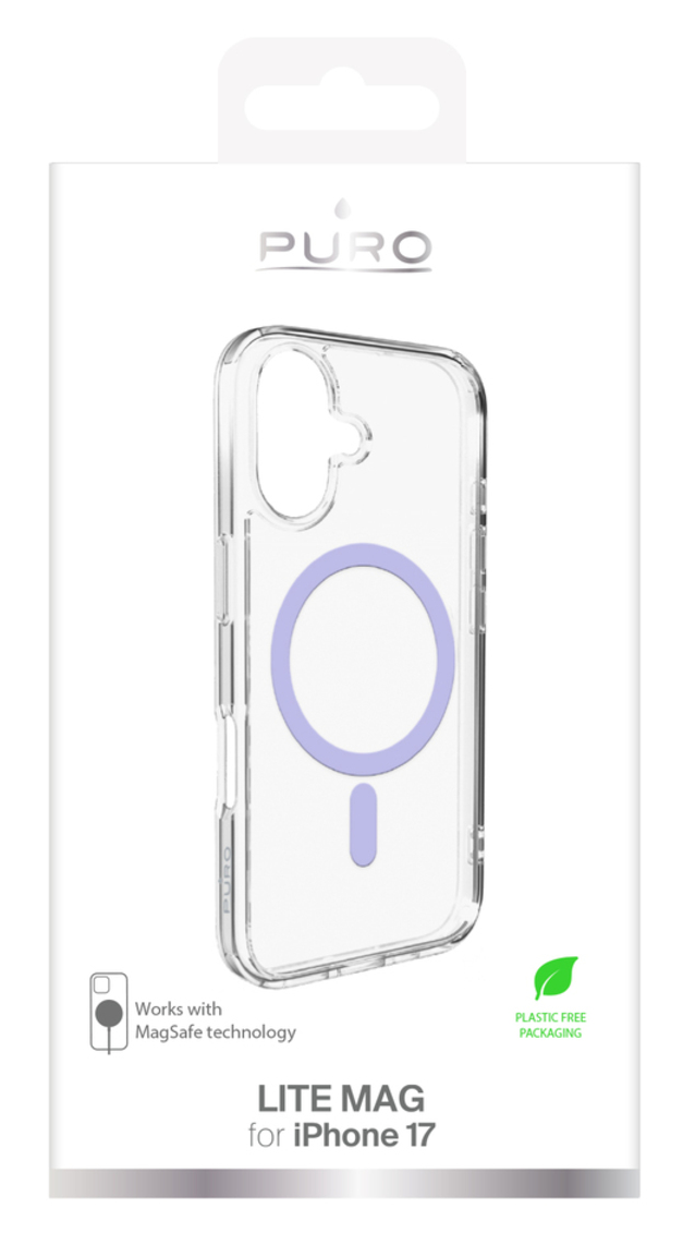 Przezroczyste etui na iPhone'a z fioletowym kołem i prostokątem, do iPhone'a 17. Na opakowaniu napis 'Lite Mag' i 'Plastic Free Packaging'.