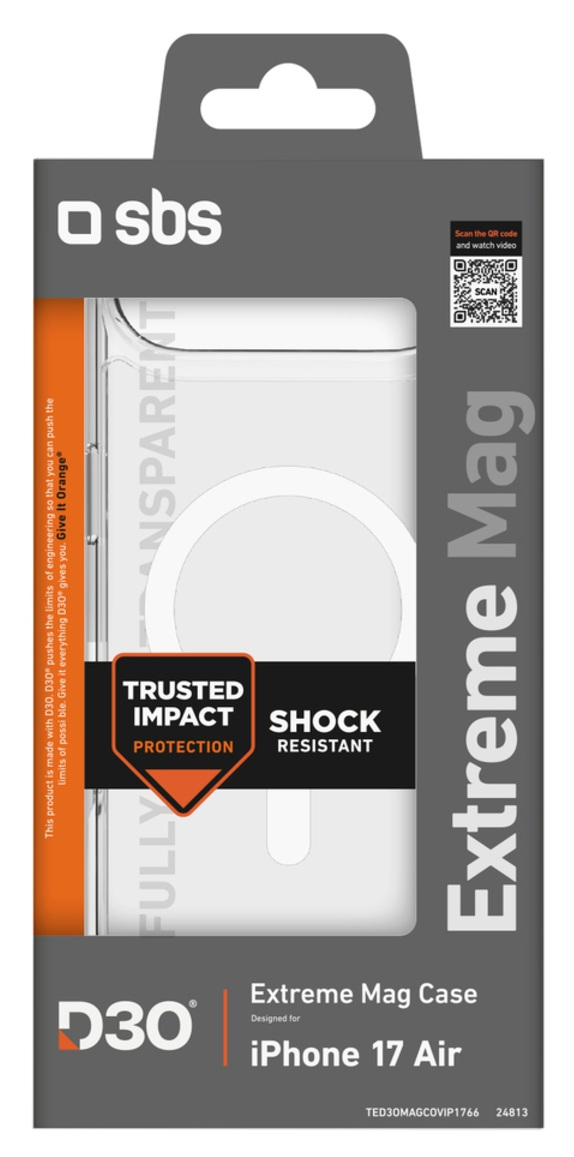 Pudełko na etui na telefon z marką SBS, przezroczystym etui i funkcjami takimi jak odporność na wstrząsy i kompatybilność z iPhone 17 Air.