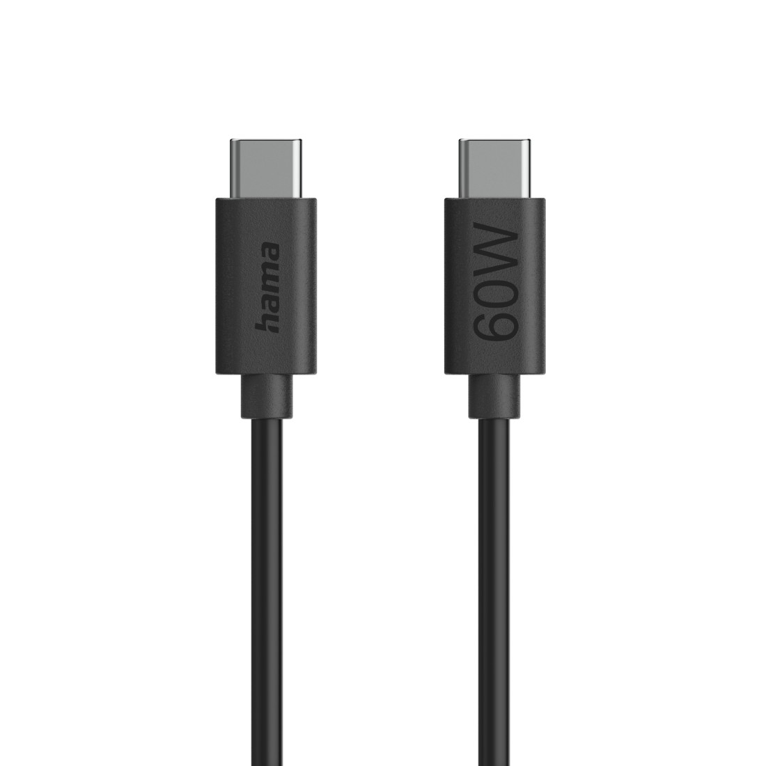 Zwei schwarze USB-C-Kabel. Eines mit der Aufschrift 'hama', das andere mit '60W'. Beide haben graue Stecker und einen weißen Hintergrund.