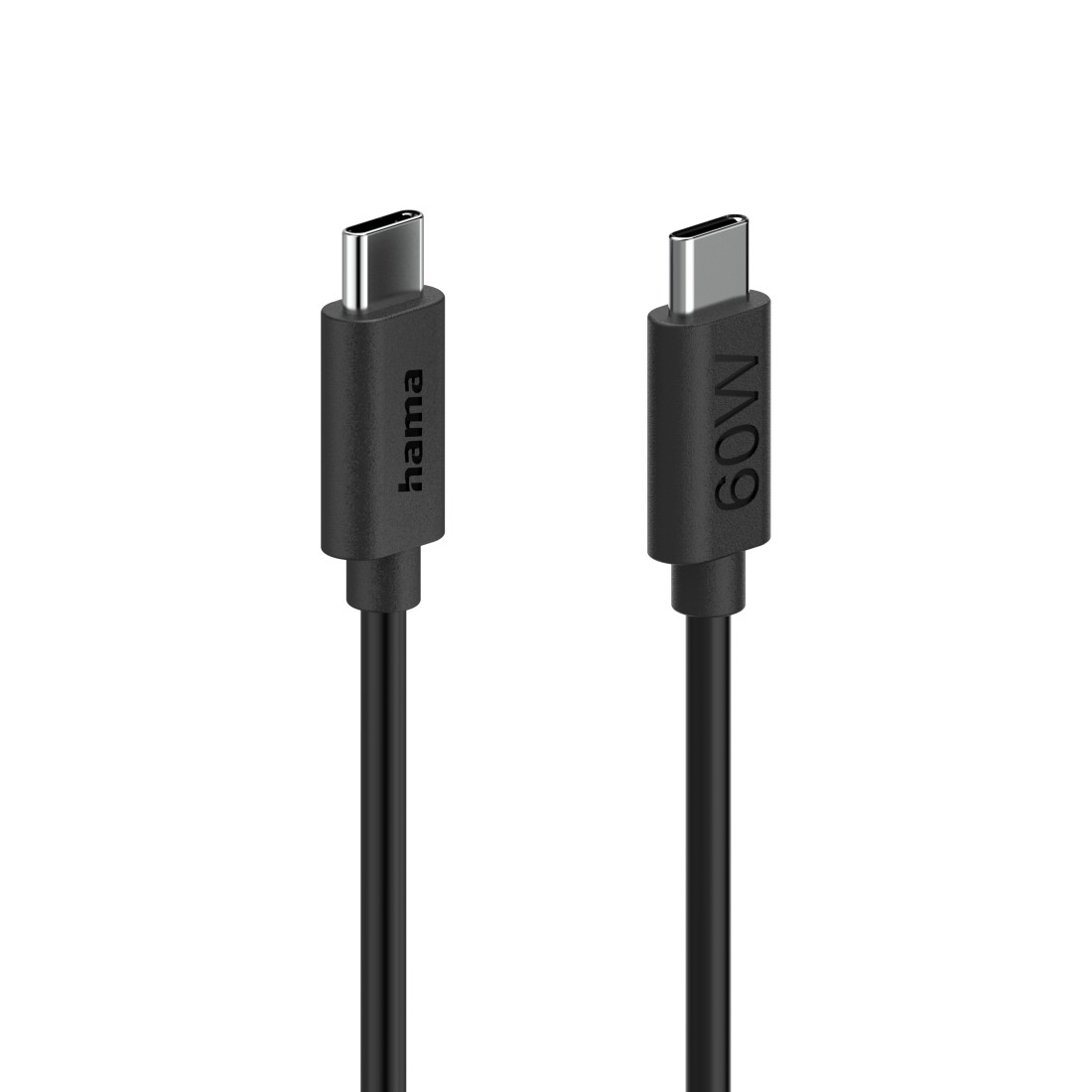 Zwei schwarze USB-C-Kabel. Eines trägt die Aufschrift 'hama', das andere '60W'. Beide Kabel sind vertikal vor weißem Hintergrund angeordnet.