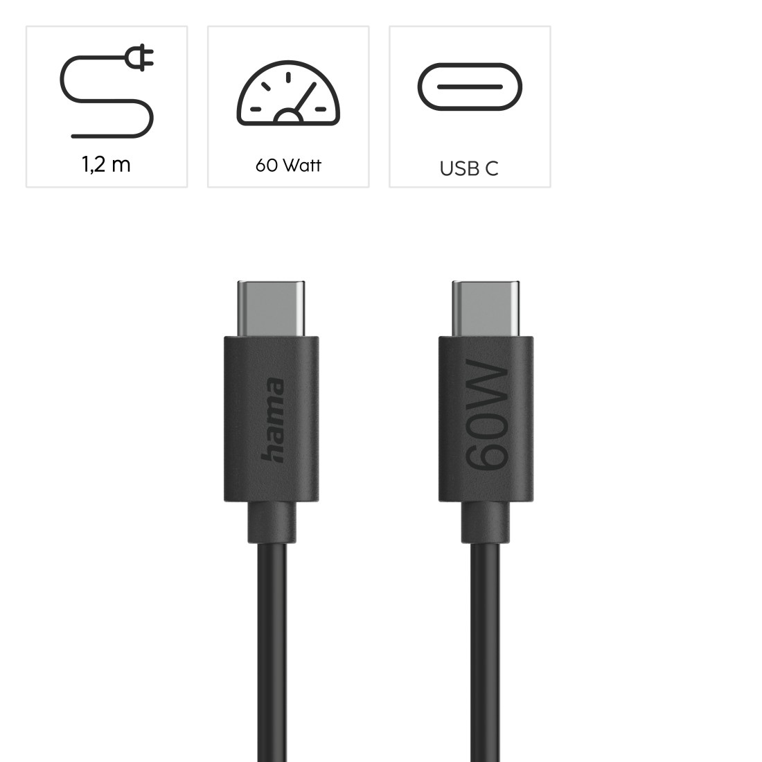 Zwei schwarze USB-C-Kabel mit silbernen Steckern. Oben: Symbole für 1,2 m, 60 Watt und USB C. Auf einem Kabel steht 'hama', auf dem anderen '60W'.