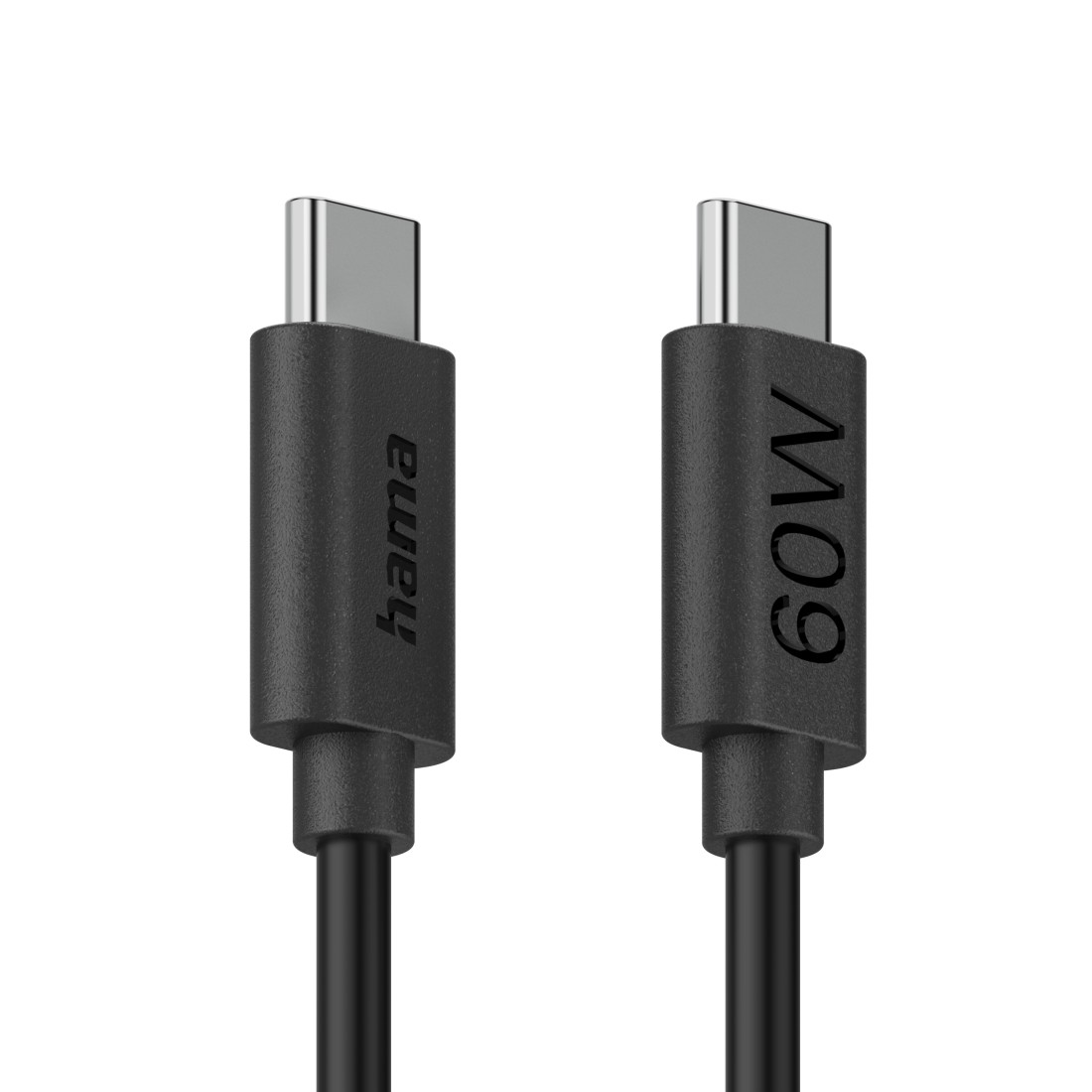 Zwei schwarze USB-C-Kabel. Auf einem ist "hama" aufgedruckt. Auf dem anderen steht "60W".