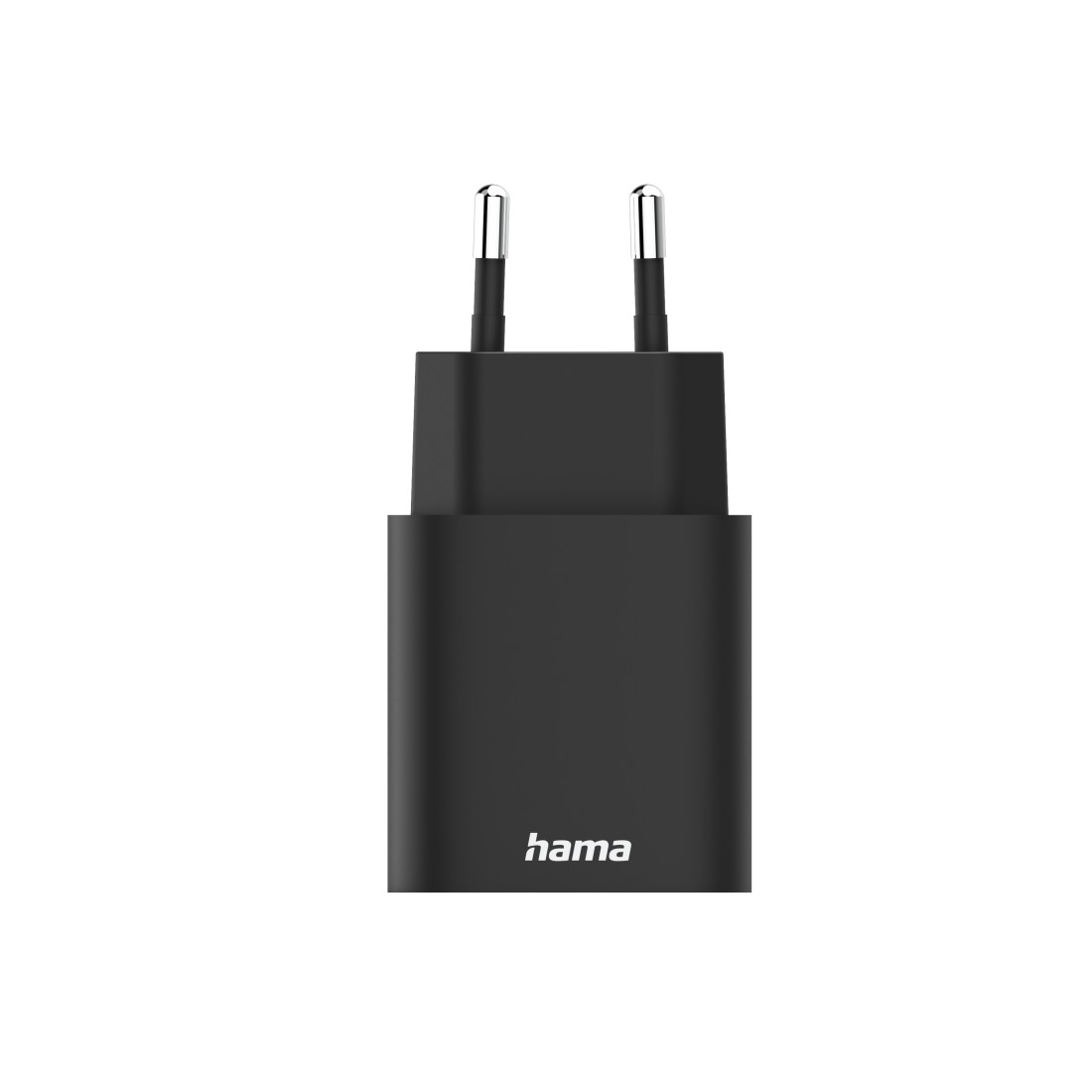 Ein schwarzes Hama-Telefonladegerät mit zwei silbernen Stiften. Das Ladegerät befindet sich auf weißem Hintergrund. Der Markenname 'hama' ist sichtbar.