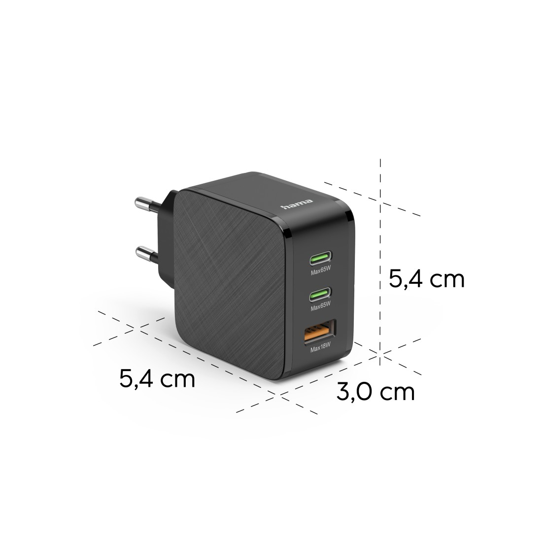 Ein schwarzes Hama USB-Ladegerät mit drei Anschlüssen. Abmessungen: 5,4 x 5,4 x 3,0 cm. Beschriftungen zeigen Max65W und Max18W Ausgang.