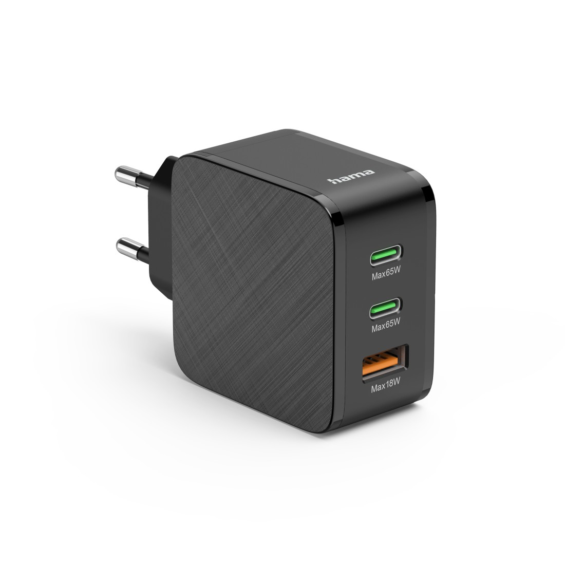 Schwarzes Hama-Ladegerät mit 3 Anschlüssen, Max. 65W und Max. 18W, EU-Stecker.