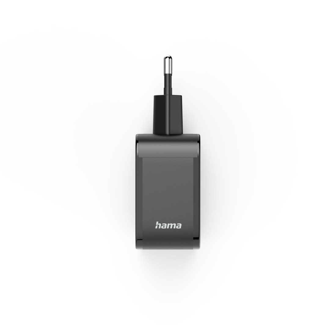 Ein schwarzes Hama-Handy-Ladegerät auf weißem Hintergrund. Es hat einen Stecker oben und den Markennamen auf der Vorderseite.