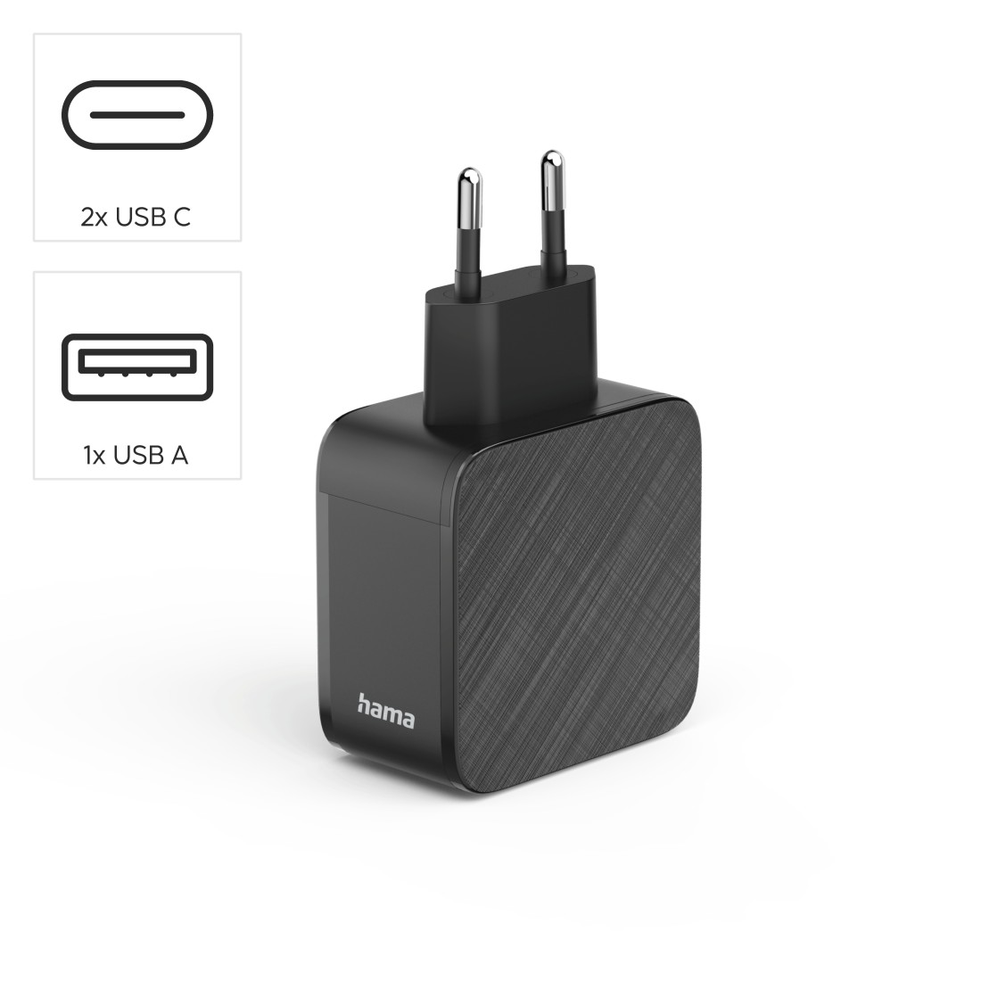 Ein schwarzes Hama USB-Ladegerät mit zwei USB-C-Anschlüssen und einem USB-A-Anschluss. Es hat zwei Metallstifte für eine Steckdose.