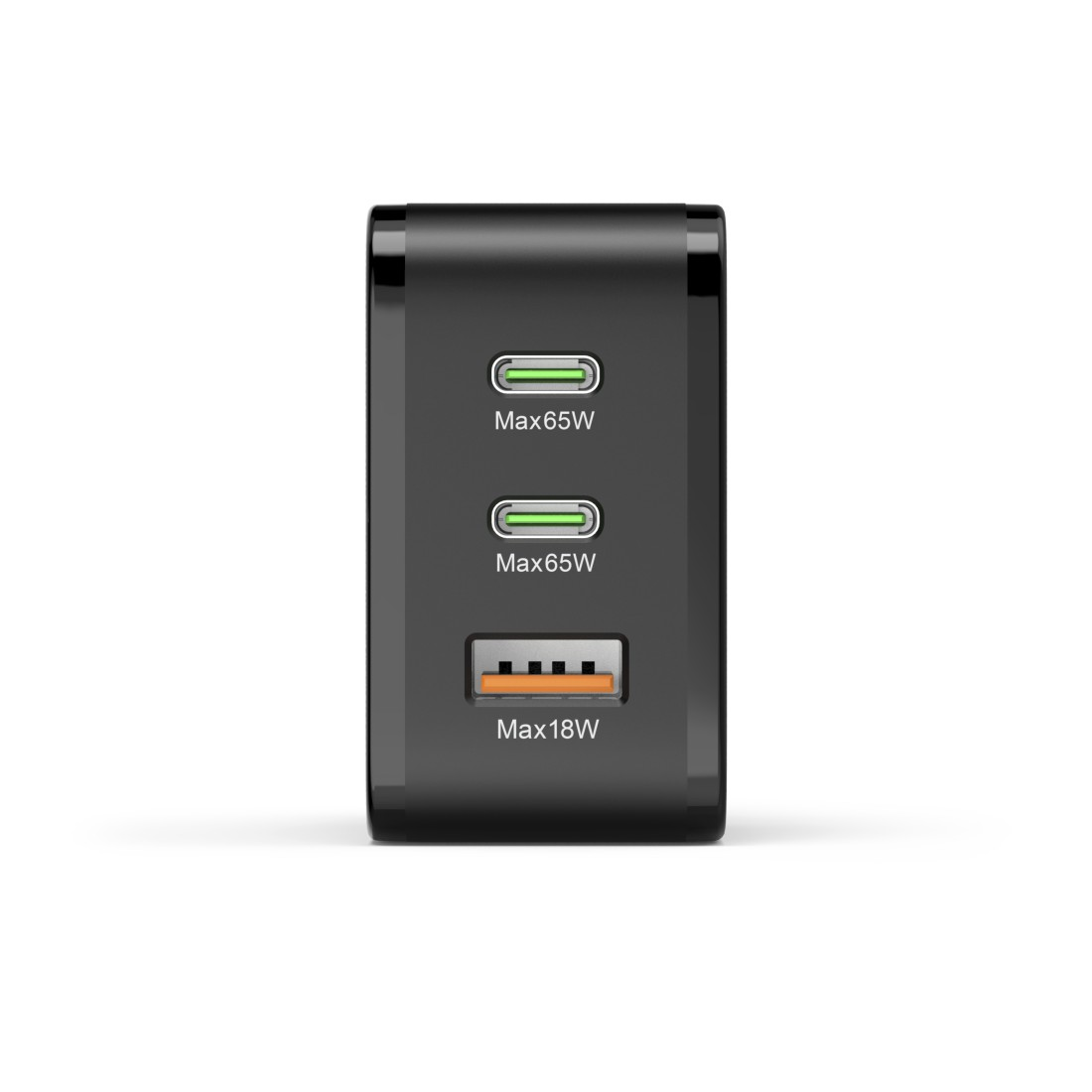 Ein schwarzes Ladegerät mit drei Anschlüssen: zwei USB-C (Max65W) und ein USB-A (Max18W). Isoliert auf weißem Hintergrund.