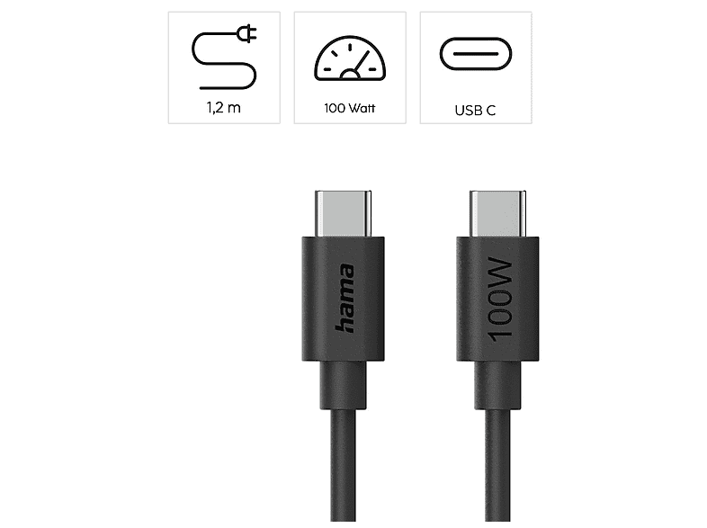 HAMA USB-C auf USB-C, Ladekabel, 1,2 m, Schwarz