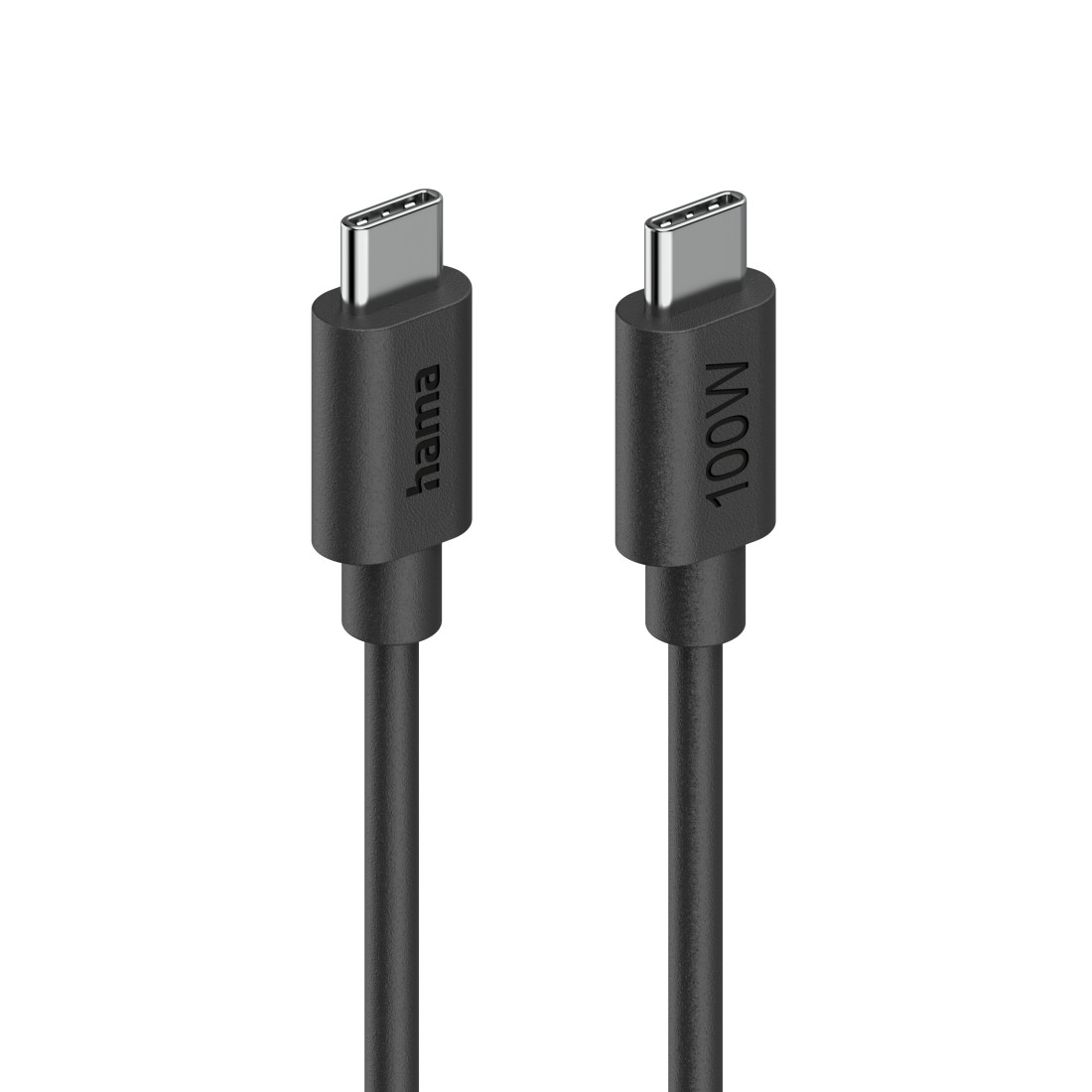 Zwei schwarze USB-C-Kabel. Eines trägt die Aufschrift 'hama', das andere '100W'. Beide haben silberne Stecker.