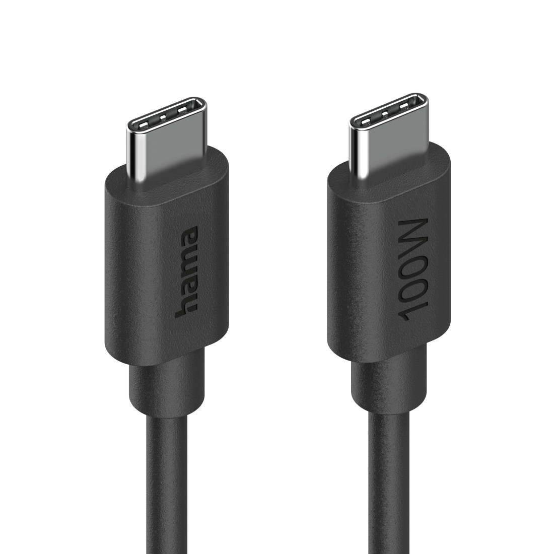 Zwei schwarze USB-C-Kabel. Auf einem steht 'hama'. Auf dem anderen steht '100W'.