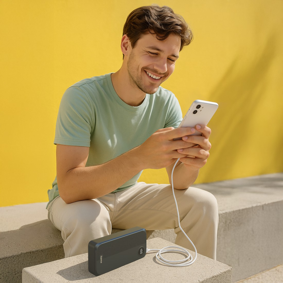 Ein Mann sitzt und lächelt auf sein Telefon, das mit einer Powerbank verbunden ist. Der Hintergrund ist gelb. Die Powerbank ist schwarz.