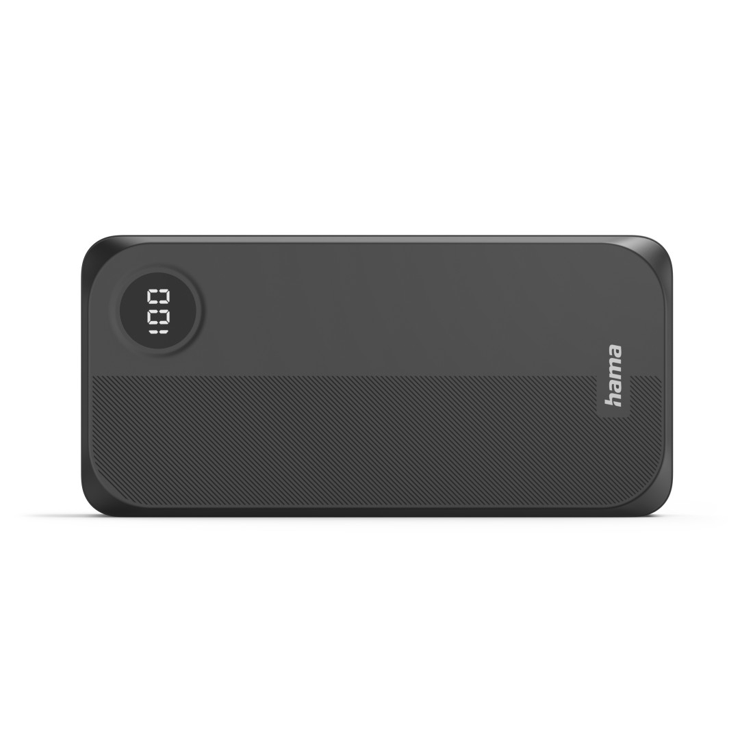 Eine schwarze Powerbank mit der Anzeige '100' auf einem Bildschirm. Die Marke 'hama' ist auf der Seite aufgedruckt.