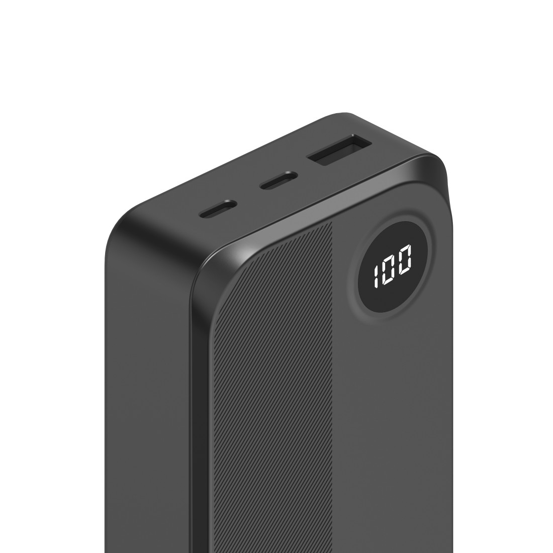 Eine schwarze Powerbank mit digitaler Anzeige 100. Sie hat eine strukturierte Oberfläche und mehrere Anschlüsse.