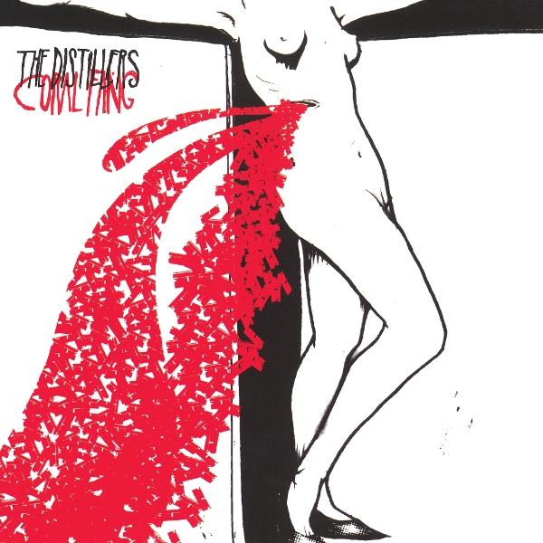 Kereszten lévő alak illusztrációja, piros sugár a testből, és a 'The Distillers' zenekar neve.
