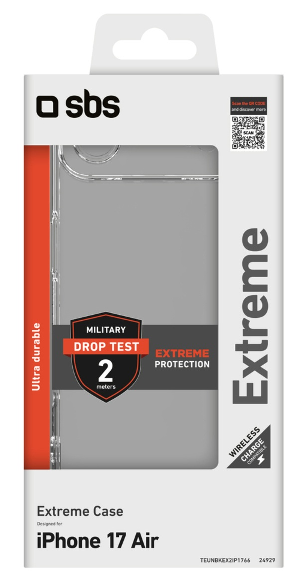 Opakowanie etui na telefon. Napis 'Extreme' i 'Drop Test', z kodem QR. Dla iPhone 17 Air.