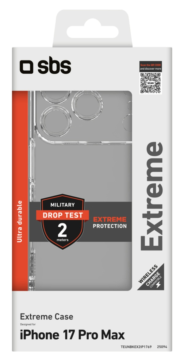 Opakowanie etui na telefon. Napisano na nim 'Extreme' i 'iPhone 17 Pro Max'. Ma 'Drop Test' i 'Wireless Charge Compatible'.