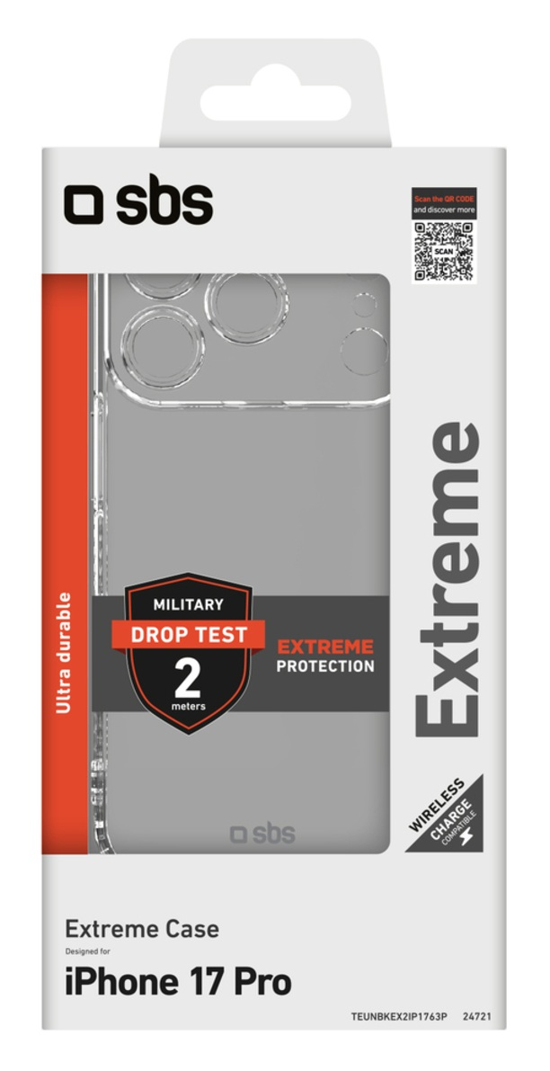 Przezroczyste pudełko na etui na telefon. Pokazuje 'Test upadku 2 metry', 'Ekstremalna ochrona' i 'iPhone 17 Pro'.