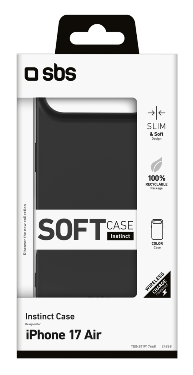Opakowanie etui na telefon. Czarna obudowa w środku, białe pudełko, z napisem 'SOFT CASE', 'iPhone 17 Air' i logo marki.