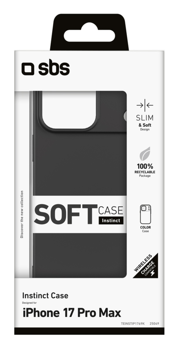 Opakowanie etui na telefon. Opakowanie jest biało-czarne. Widnieje napis 'SBS SOFT CASE'. Jest przeznaczone dla iPhone 17 Pro Max.