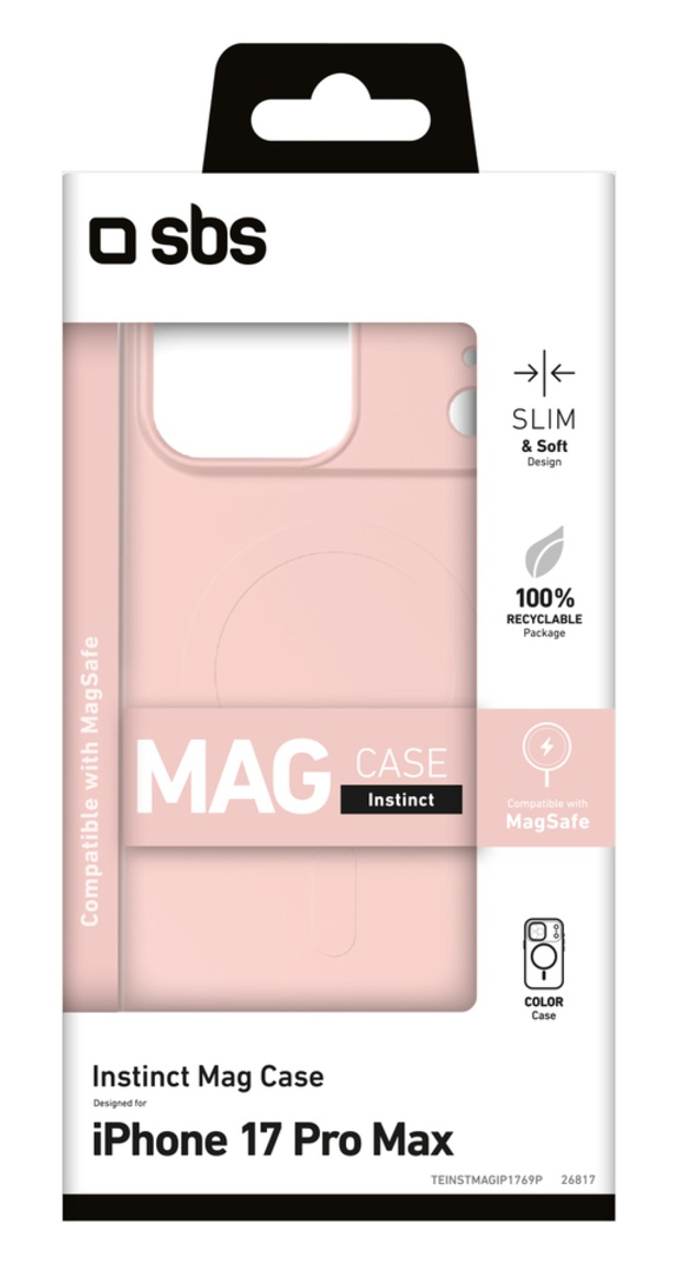 Różowe pudełko na etui iPhone 17 Pro Max. Zawiera kompatybilność z MagSafe, smukłą konstrukcję i opakowanie nadające się do recyklingu.