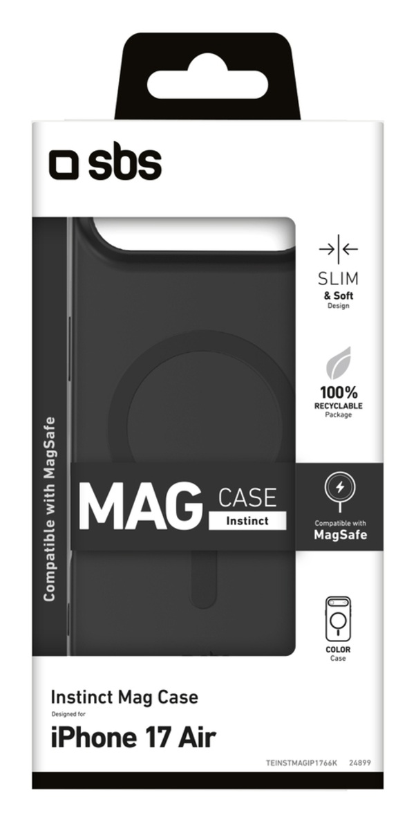 Czarne pudełko iPhone 17 Air Instinct Mag Case. Zawiera kompatybilność z MagSafe i smukłą konstrukcję.