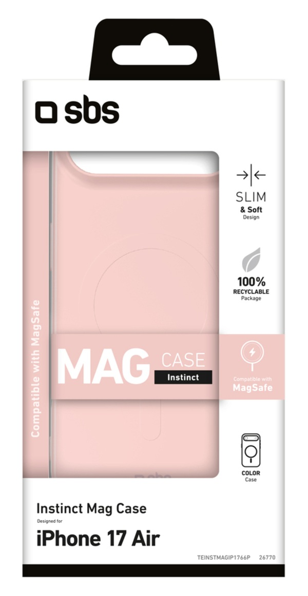 Różowe pudełko na etui do iPhone'a 17 Air. Ma logo MagSafe i tekst wskazujący na smukły, miękki design i opakowanie nadające się do recyklingu.