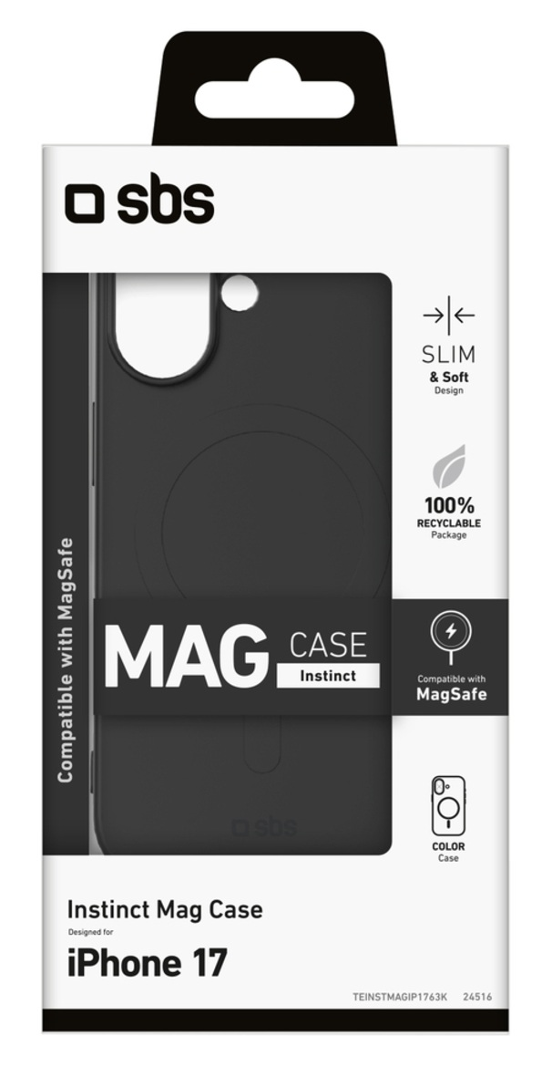 Czarny pokrowiec na telefon iPhone 17 jest pokazany w opakowaniu. Jest kompatybilny z MagSafe i oznaczony jako 'Instinct Mag Case'.