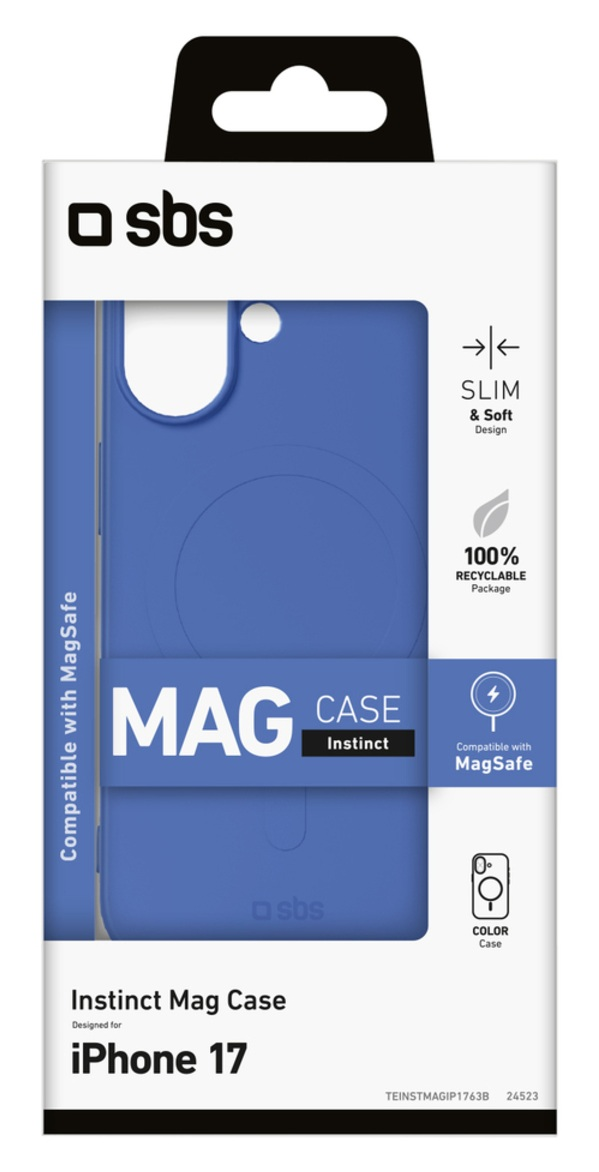 Niebieskie pudełko na iPhone'a 17. Widnieje napis 'MAG CASE Instinct' i 'Compatible with MagSafe'. Opakowanie wskazuje, że jest smukłe i nadaje się do recyklingu.