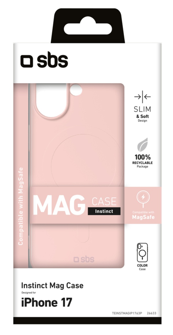 Różowe opakowanie etui Mag Instinct do iPhone'a 17. Zawiera kompatybilność z MagSafe, smukłą konstrukcję i opakowanie nadające się do recyklingu.