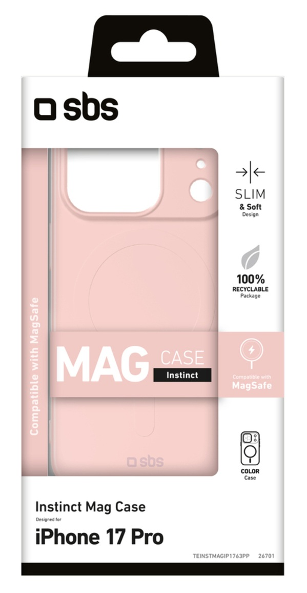 Różowe pudełko na etui iPhone. Etui jest kompatybilne z MagSafe, smukłe i miękkie. Jest przeznaczone do iPhone 17 Pro.