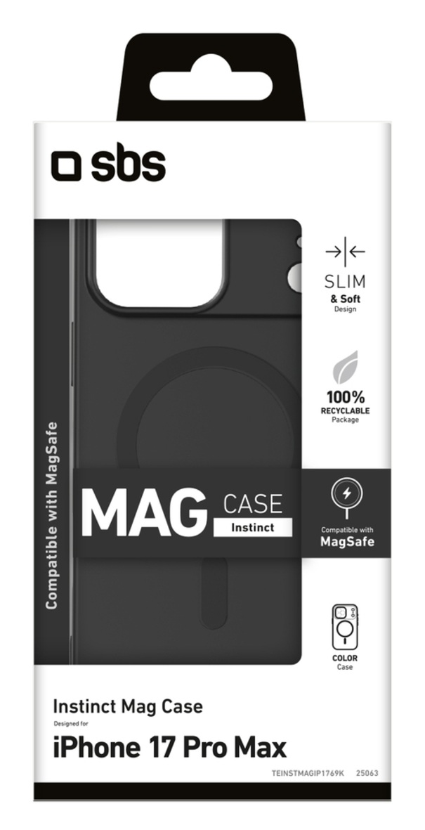 Czarne etui na telefon dla iPhone'a 17 Pro Max. Opakowanie zawiera nazwę produktu, logo marki i funkcje, takie jak kompatybilność z MagSafe.