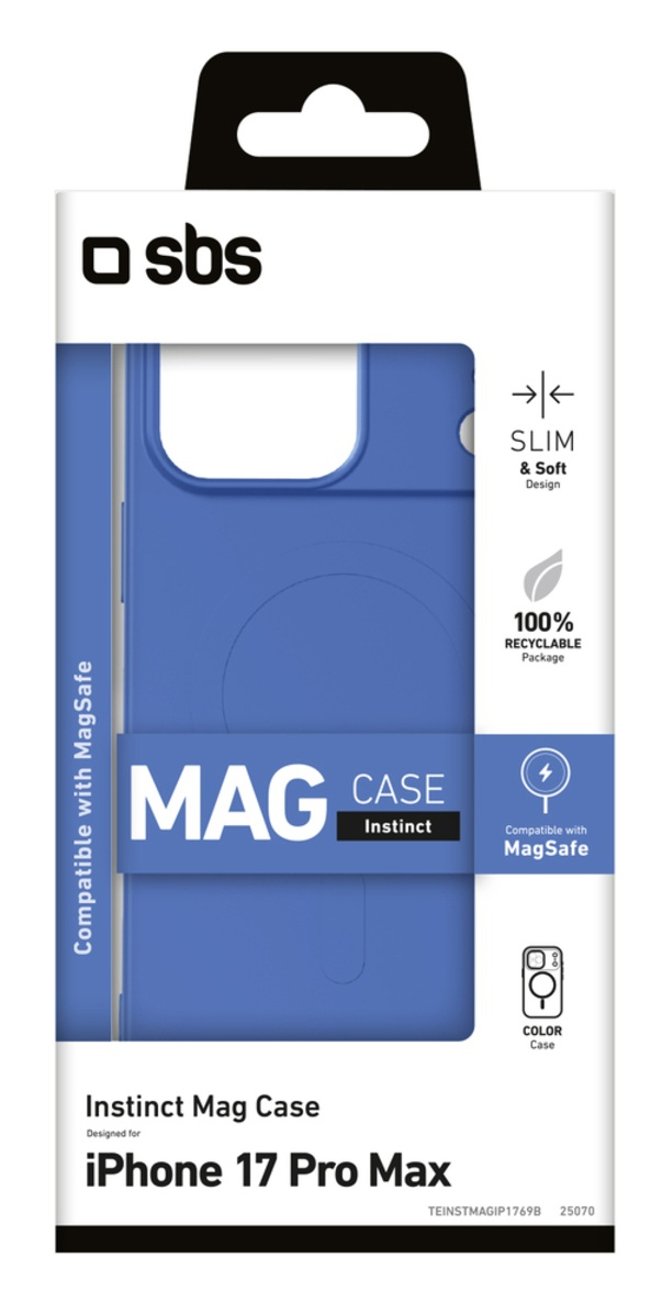 Niebieskie opakowanie etui na iPhone'a. Marka to sbs, to Mag Case dla iPhone'a 17 Pro Max. Zawiera kompatybilność MagSafe i smukłą konstrukcję.
