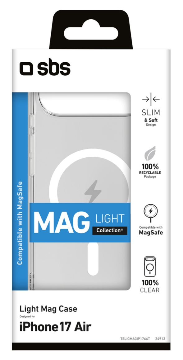 Przezroczyste etui na iPhone'a z funkcją MagSafe, w biało-niebieskim pudełku. Zawiera tekst o etui i jego funkcjach.