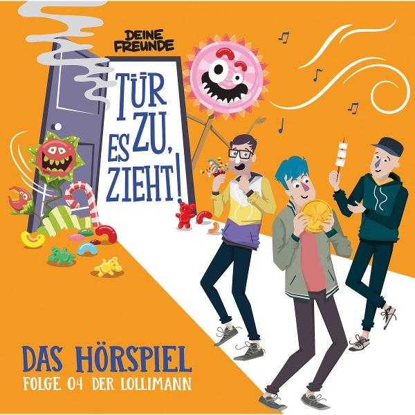 Illustration von Cartoonfiguren mit Süßigkeiten, Stern und Marshmallows. Tür mit Text und orangefarbenem Hintergrund.