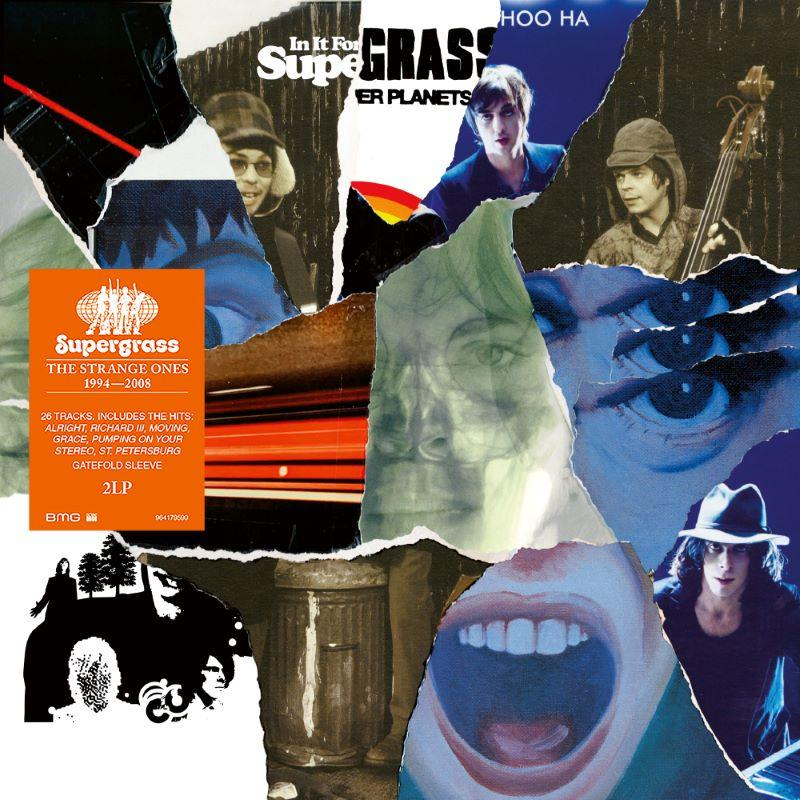 Collage aus Supergrass-Albumcovern. Zeigt Bandmitglieder, Albumtitel, Titelliste und zerrissene Papiereffekte mit Farben und Porträts.