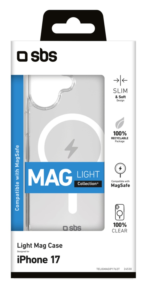 Pudełko na etui na telefon, przezroczyste etui z okręgiem MagSafe i szczegółami produktu. Marka: sbs. Tekst zawiera 'iPhone 17'.