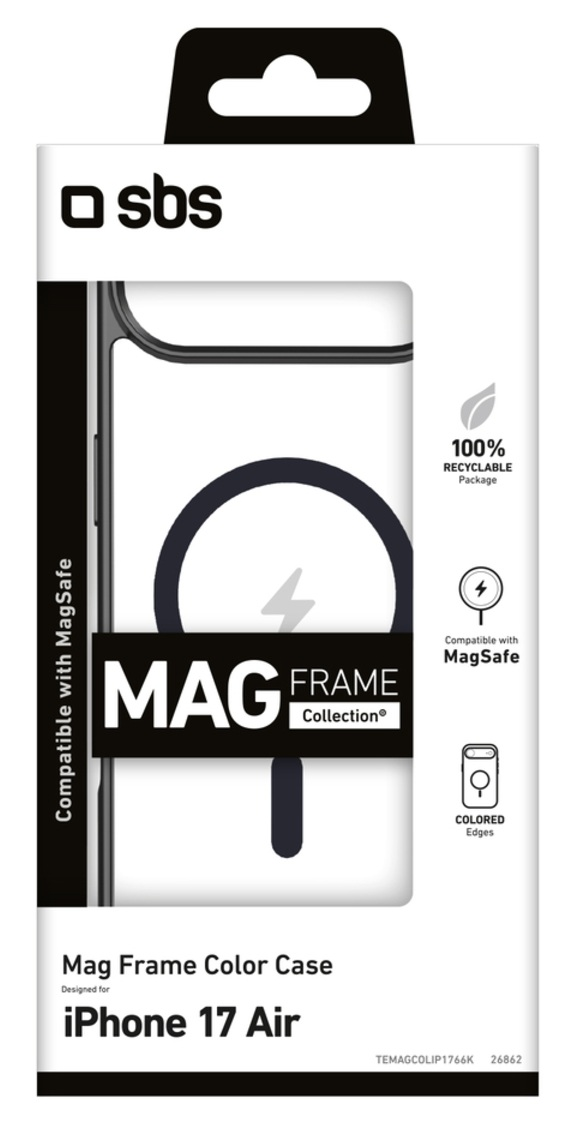 Biało-czarne pudełko na etui na telefon. Widnieje na nim napis 'Mag Frame Color Case for iPhone 17 Air' z logo MagSafe i opakowania nadającego się do recyklingu.