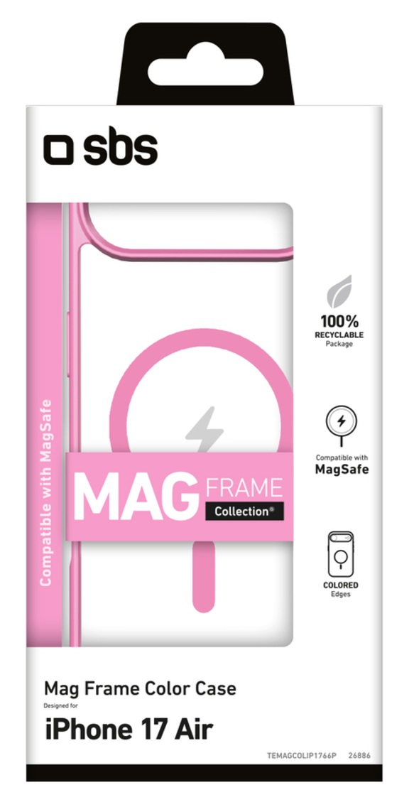 Różowe opakowanie etui iPhone 17 Air z kompatybilnością MagSafe. Z logo SBS i szczegółami produktu.